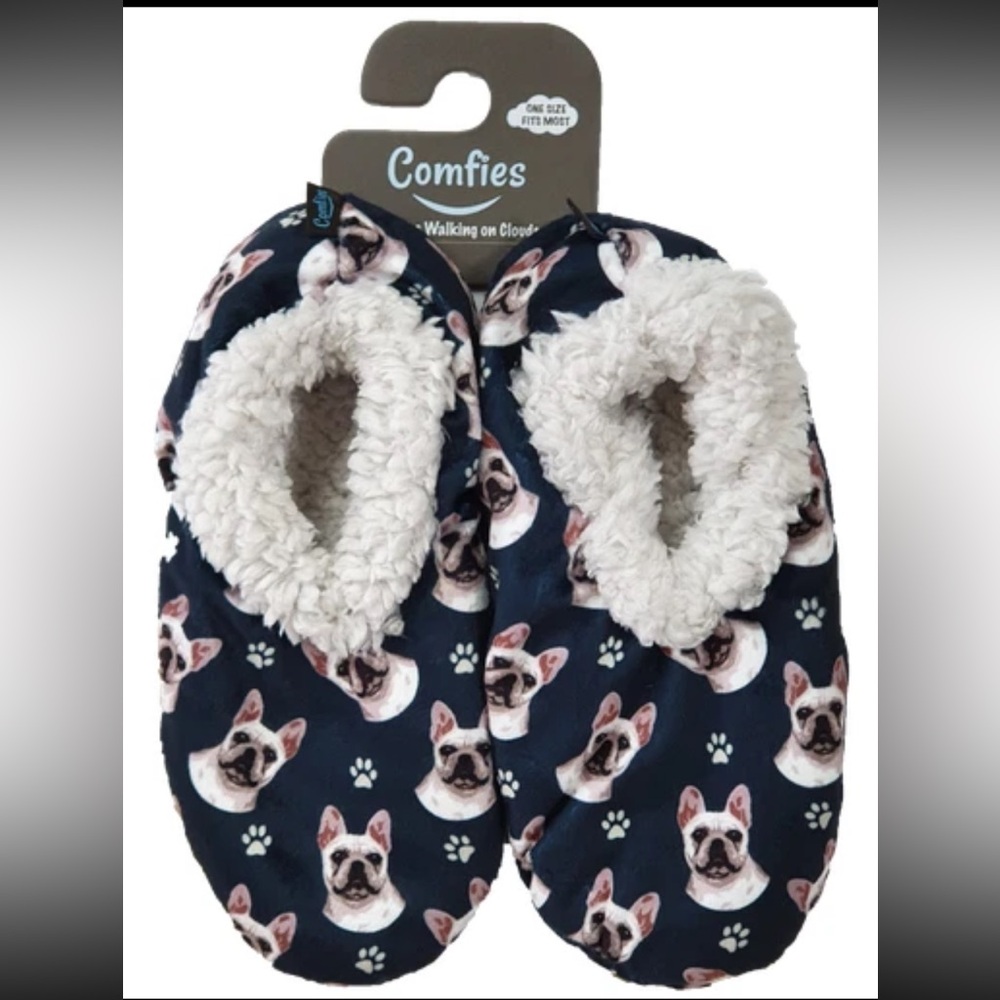Dog Print Slippers - Navy and White